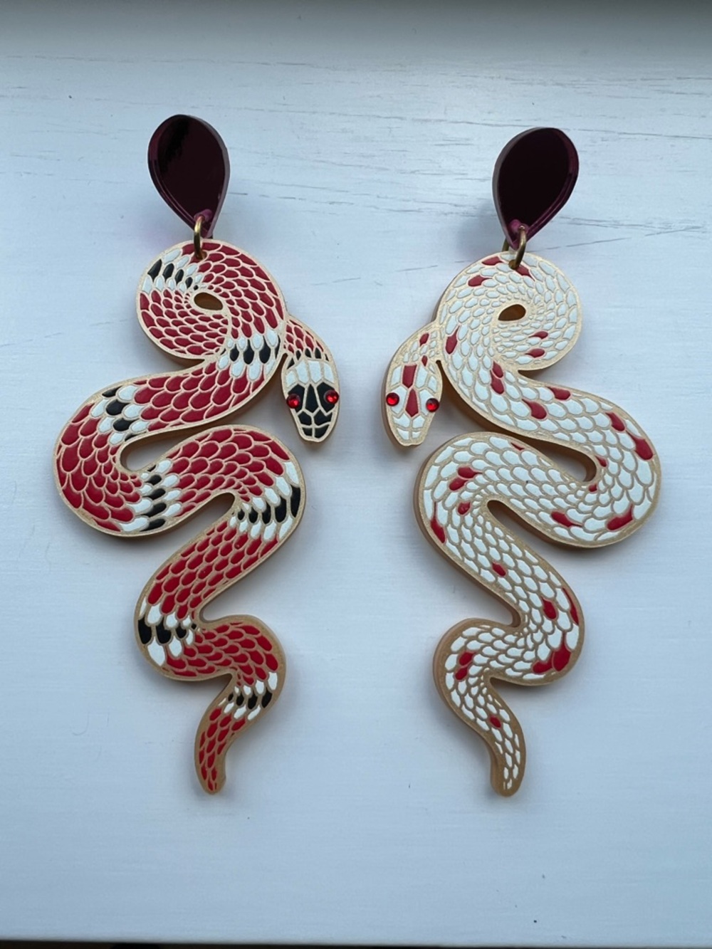 Large Red & White Snake Drop Earrings - Statement Jewelry